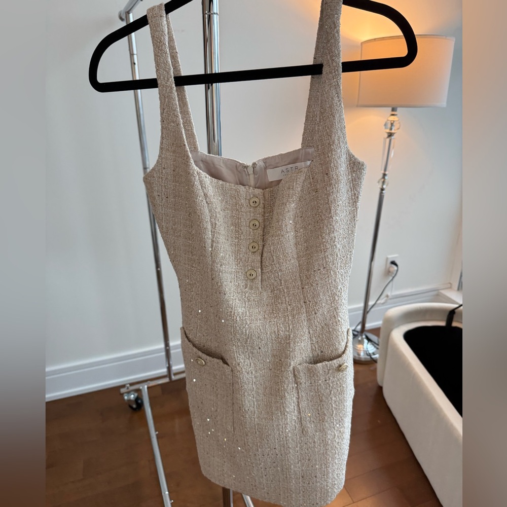 Astr Cream Tweed Midi Sheath Dress with Front Pockets